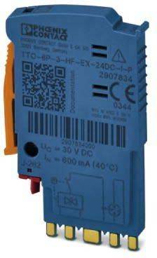Ein blaues Industriegerät mit verschiedenen Symbolen und einem QR-Code. Es ist mit '240DC' und 'TVO-6P 3-HF-EX' beschriftet. Wird für elektrische Anwendungen verwendet.
