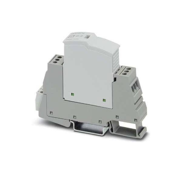 Eine graue elektrische Komponente, die auf einer Hutschiene montiert ist und zur Organisation und Sicherung von Sicherungsautomaten und anderen Steuerungsgeräten in einem Schaltschrank verwendet wird.