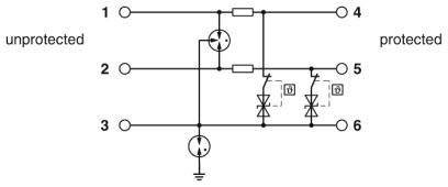 Schematische Darstellung eines Transistors, der mit Dioden in einem Spannungsteilerkreis verbunden ist, mit einem Massesymbol unten links.