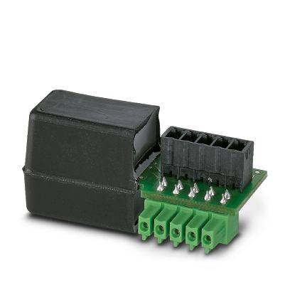 AC-Transformator mit grünem Anschlussblock, schwarzem Gehäuse und gelöteten Anschlüssen, vorgesehen für elektrische Modulverbindungen.