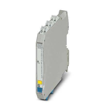 Ein industrielles Relaismodul in einem kompakten, grauen Gehäuse mit beschrifteten Anschlüssen. Verwendet für elektrische Signalumschaltung in Automatisierungssystemen.