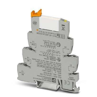 PLC-RSC- 24DC/21-21AU' Relaismodul mit grauem Gehäuse, LED-Anzeige und Schraubklemmen für industrielle Automatisierungsanwendungen.