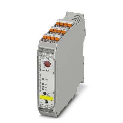 Ein kompaktes industrielles Relaismodul mit beschrifteten Anschlüssen und einer roten Kontrollleuchte auf der Vorderseite, entwickelt für elektrische Steuerungsanwendungen.