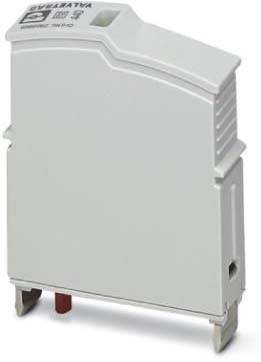 Eine weiße elektrische Komponente, wahrscheinlich Teil eines Sicherungsautomaten oder einer Schaltanlage, mit einer geschwungenen Oberseite und gekeerbten Seiten, auf einer Schiene montiert.