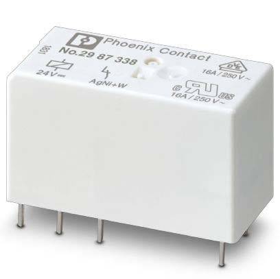 Ein weißes Relais mit gedruckten Spezifikationen: 'Phoenix Contact', Modellnummer 29 87 338, 24V Spulennennspannung, 16A/250V AC Schaltleistung.