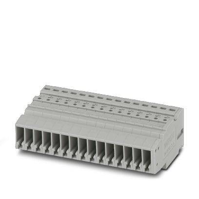 Graues Elektroanschlussblock mit mehreren vorderen Drahtanschlüssen und oberen Schraubklemmen, dargestellt auf weißem Hintergrund.