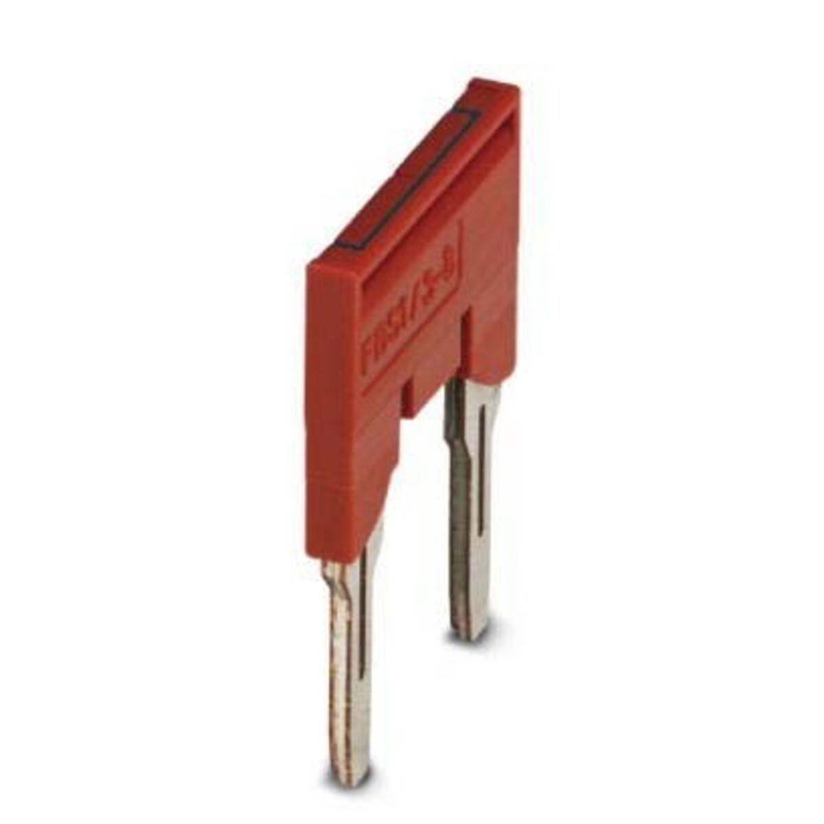 Roter Kunststoff-Elektroverbinder mit zwei Metallstiften.