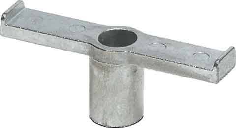 Ein metallischer T-Rohrverbinder mit einem vertikalen Abschnitt und zwei horizontalen Flansche, die Bohrungen für Bolzen auf beiden Seiten aufweisen.