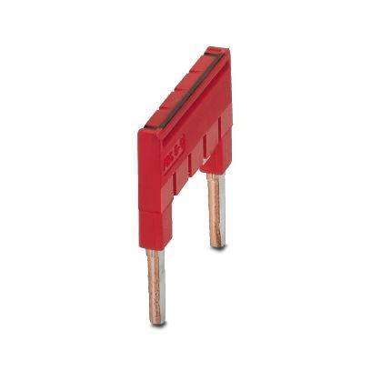 Roter zweipoliger Elektrosteckverbinder mit zwei Metallstiften auf weißem Hintergrund.