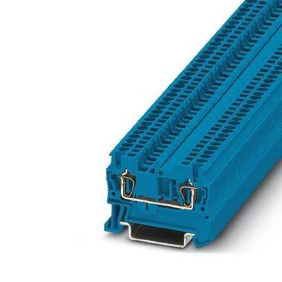 Blauer Electrical-Anschlussblock mit Metallfedern-Klammern auf weißem Hintergrund.