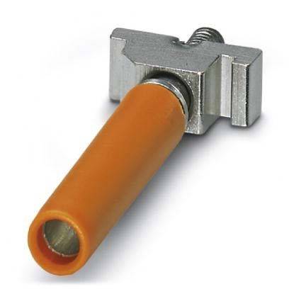 Ein orangefarbener isolierter Leitungsverbinder mit einer Metallklemme, der zur Sicherung einer Leitungsverbindung verwendet wird, auf einem einfarbigen Hintergrund.