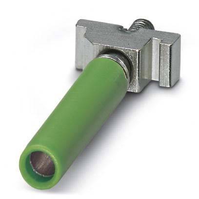 Eine Metallklemme, die eine grüne zylindrische Komponente hält, wahrscheinlich ein Anschluss oder Teil eines elektronischen Geräts.