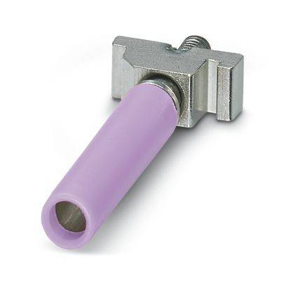 Violetter isolierter Elektrostecker mit Metallklemme und Gewindeschraube auf weißem Hintergrund.