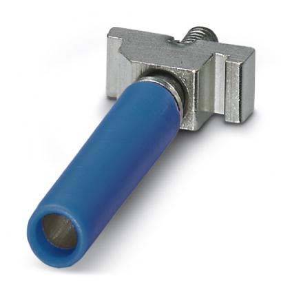 Ein blauer isolierter Stoßverbinder mit einer Metallcrimpung. Wird verwendet, um elektrische Kabel sicher zu verbinden.