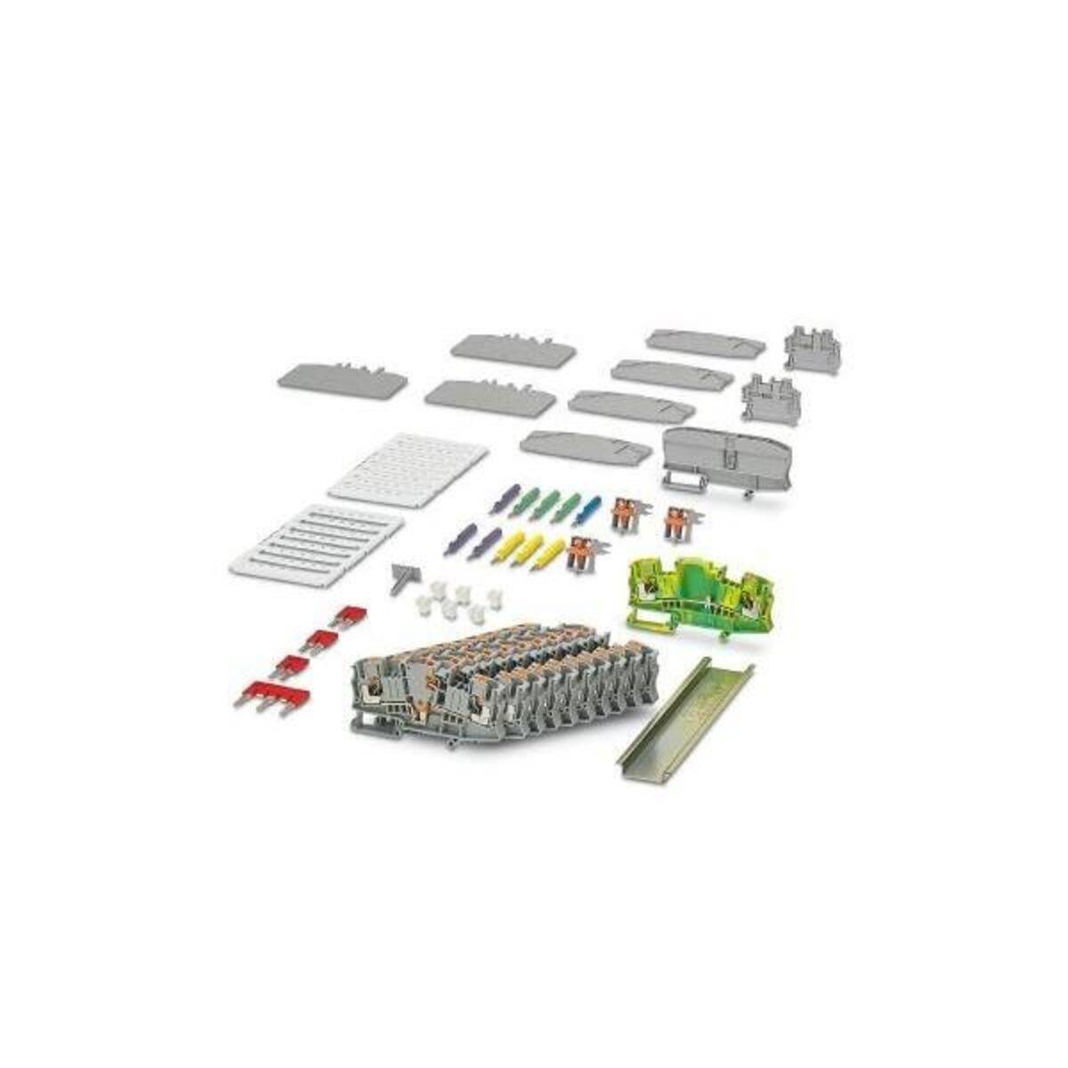 Explodierte Ansicht eines Elektro-Klemmleistenstecker-Sets, das Gehäuse, Abdeckungen, farbige Einsätze und Metallkontakte in Montagereihenfolge zeigt.