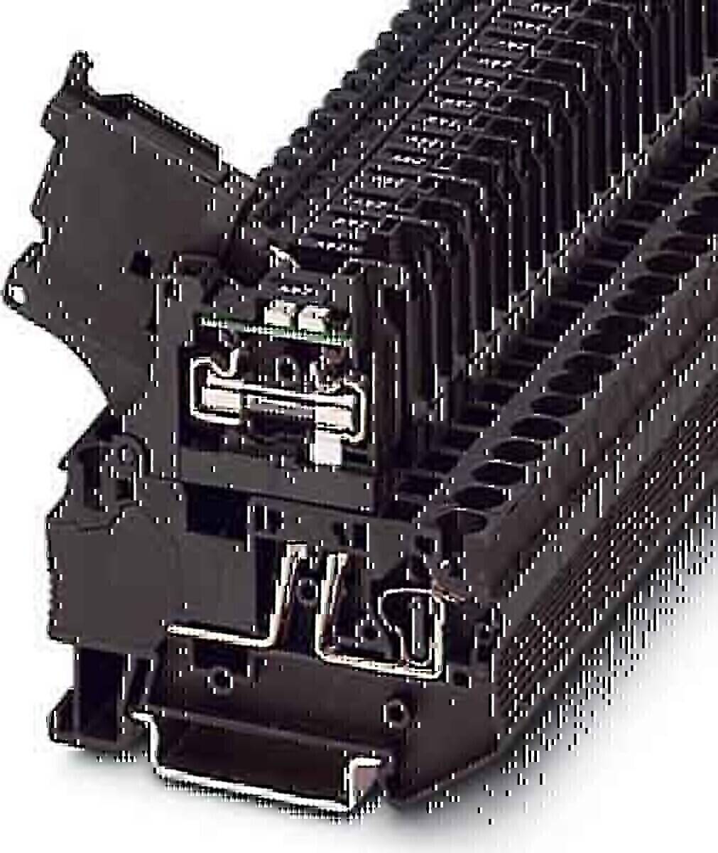 Nahaufnahme einer elektronischen Komponente oder eines Leitungsschutzschalters mit mehreren Schlitzen und Anschlüssen, die in elektrischen Verteilerkästen zur Steuerung von Stromkreisen verwendet wird.