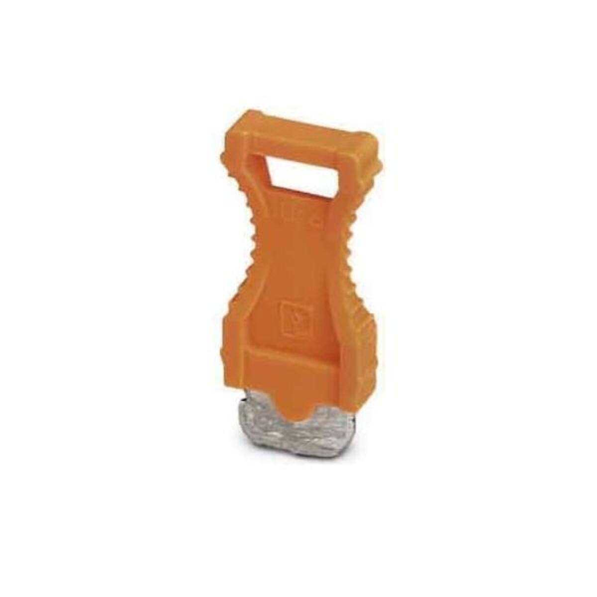Ein orangefarbener Pakete-Öffner mit einer kleinen Metallklinge, der zum sicheren Aufschneiden von Plastikverpackungen verwendet wird.