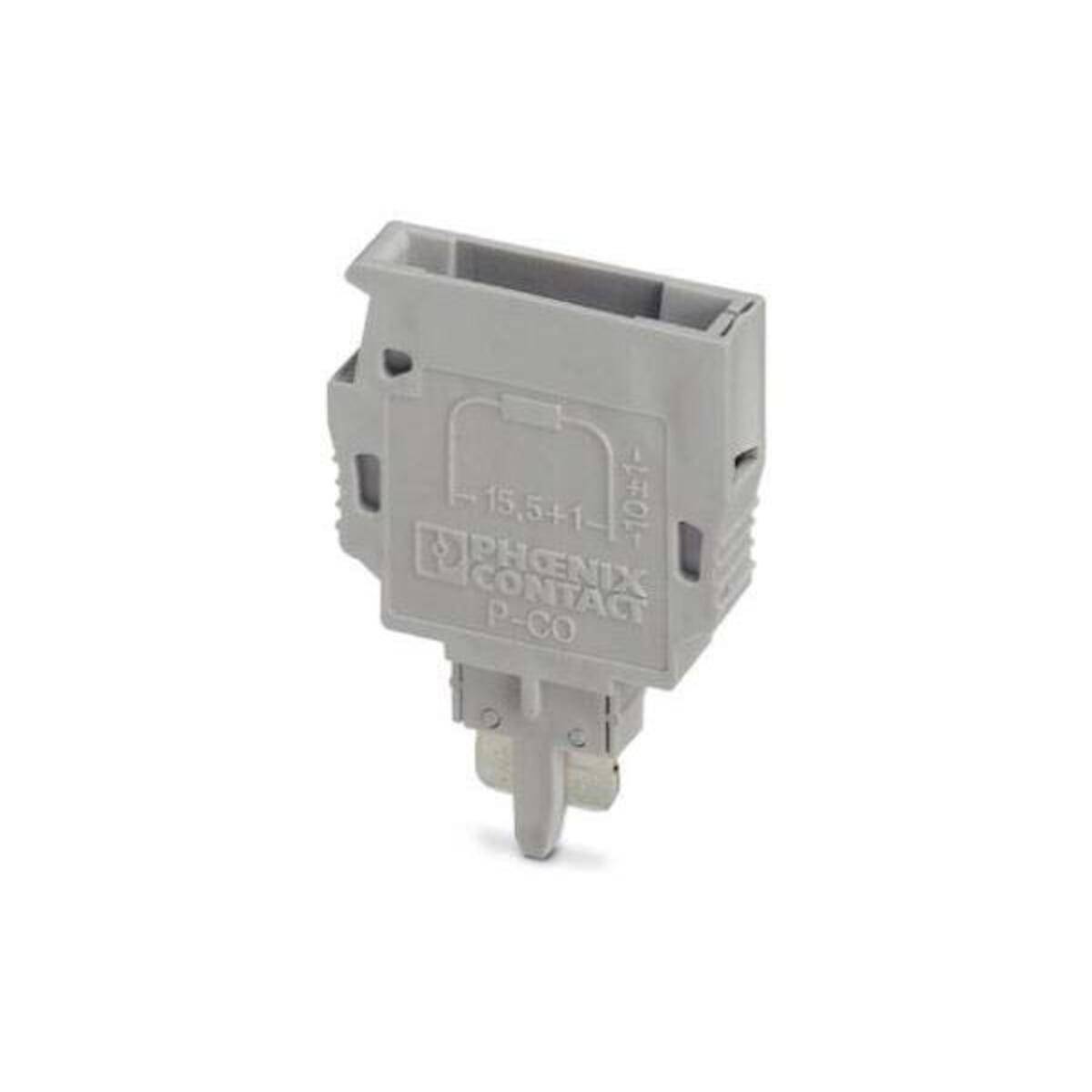 Eine graue Plastik-Elektronikkomponente mit dem Text 'Phoenix Contact P-CO'.