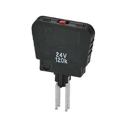 Schwarze elektrische Komponente mit der Aufschrift „24V 120k