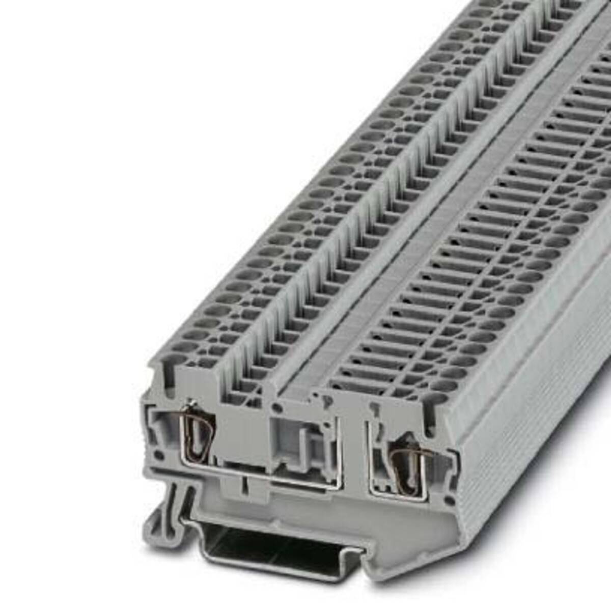 Grauer modularer Anschlussklemmenblock für elektrische Verbindungen mit geschichteten Reihen, Schraubenanschlüssen und Beschriftungsplatzhaltern.