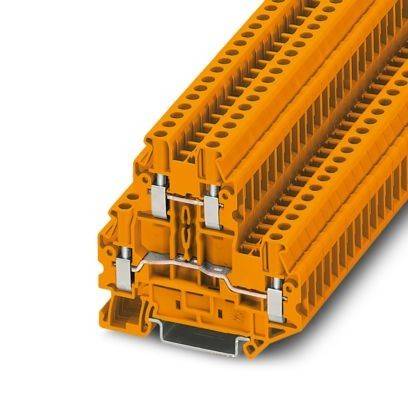 Orange-farbiger Industrie-Klemmleistenverbinder in Nahaufnahme, mit mehreren Drahteingangsschlitzen und Metallfedern-Klemmvorrichtungen.