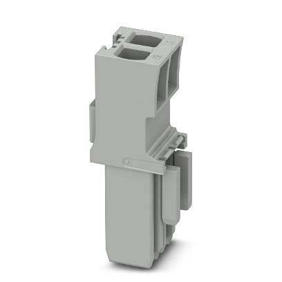 Ein grauer Kunststoff-Elektroverbinder mit zwei quadratischen Öffnungen und seitlichen Klammern, konzipiert für den Einsatz in der elektronischen Systembestückung.
