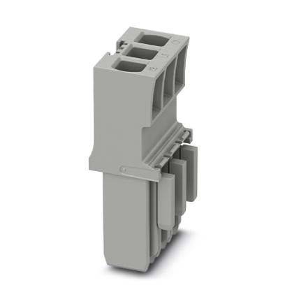 Ein grauer, rechteckiger Steckverbinder mit mehreren Öffnungen und gerillten Seiten, konzipiert zum Anschluss von elektrischen Komponenten.