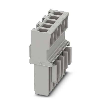 Ein grauer, mehrslotiger elektrischer Klemmenblock, der zum Anschluss von Drähten entwickelt wurde und in vertikaler Ausrichtung mit sichtbaren Rillen und Anschlüssen dargestellt ist.