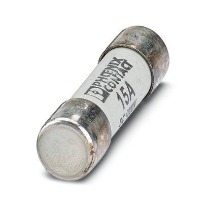 Ein zylindrisches elektrisches Schmelzsicherung mit der Aufschrift „PHOENIX CONTACT 15A