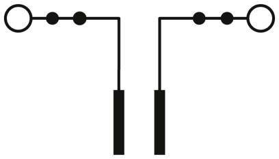 Diagramm, das zwei parallele Linien zeigt, wobei jede Linie einen rechten Winkel bildet, der oben mit einem Kreis und unten mit einem Rechteck verbunden ist.