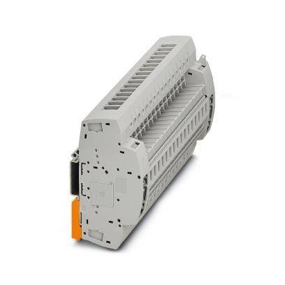 Graues industrielles elektrisches Klemmblockmodul mit orangefarbenem Riegel, auf weißem Hintergrund dargestellt.