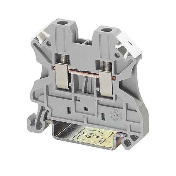Ein grauer elektrischer Anschlussblock mit Metallverbindern und einer Grundplatte, der zum Verbinden von Drähten in einem elektrischen Stromkreis verwendet wird.