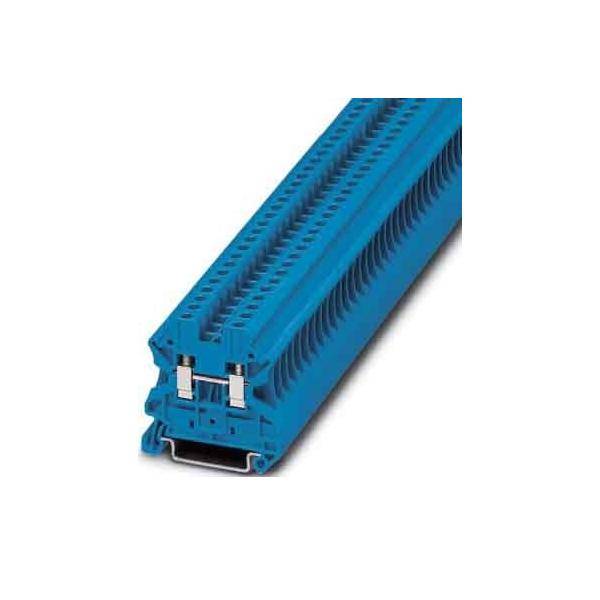 Ein blauer Anschlussblock für elektrische Verbindungen mit zwei Metallkontaktpunkten und einer Reihe von Verdrahtungseingabekanälen.