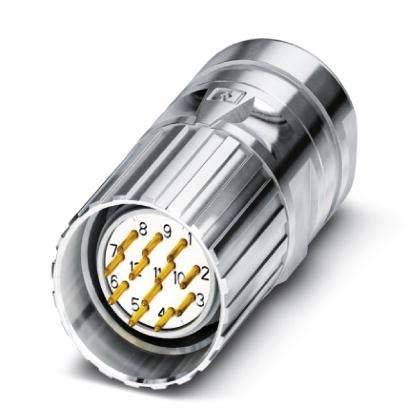 Ein silberner und transparenter kreisförmiger Stecker mit nummerierten Pins, in einer 2-4-2-1-Konfiguration angeordnet, für elektronische Anwendungen konzipiert.