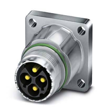 Ein Metallstecker, rund, elektrisch, mit einem grünen Ring und vier gelben kreisförmigen Öffnungen, montiert auf einer quadratischen Platte mit vier Schraublöchern.