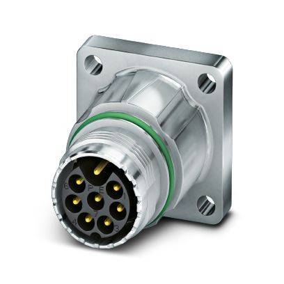 Metallischer kreisförmiger Elektrostecker mit 7-poligem Buchsengehäuse und quadratischem Montageflansch.