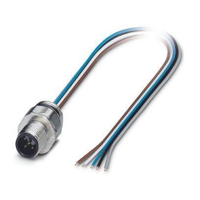 Kreisförmiger Metall-Sensorstecker mit angebrachten blauen, braunen, schwarzen und weißen Drähten auf weißem Hintergrund