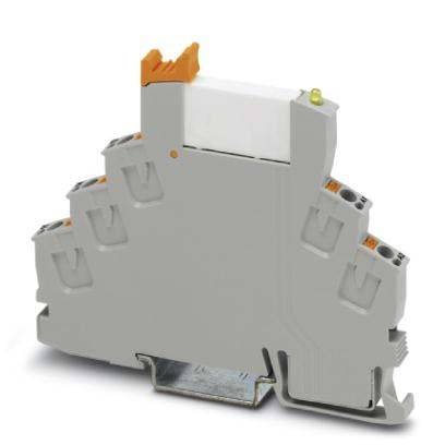 Ein grauer elektrischer Anschlussblock mit mehreren Verbindungspunkten und einer orangefarbenen Verriegelung oben, der zum Befestigen von elektrischen Drähten verwendet wird.