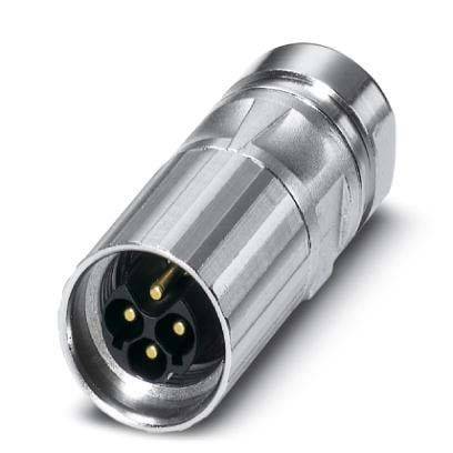 Eine Nahaufnahme eines metallischen männlichen Anschlusses mit drei Pins, der für elektronische Geräteverbindungen verwendet wird.