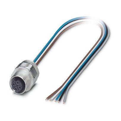 Ein metallischer kreisförmiger Stecker mit einem kurzen Kabel und vier freiliegenden farbcodierten Drähten auf weißem Hintergrund.