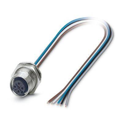 Metallischer runder Stecker mit vier farbcodierten Kabeln auf weißem Hintergrund.