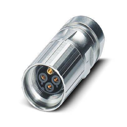 Metallischer kreisförmiger elektrischer Stecker mit vier Kontaktstiften, dargestellt auf weißem Hintergrund.