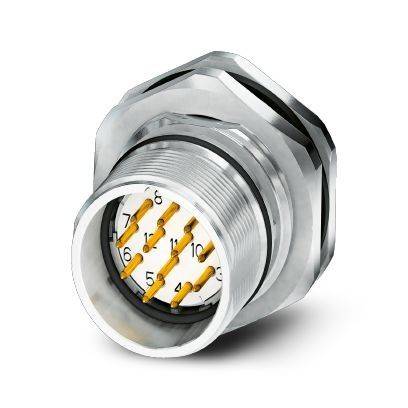 Nahaufnahme eines metallischen kreisförmigen Elektrosteckers mit Gewindelehuse und nummerierten Stiftkontakten auf weißem Hintergrund.