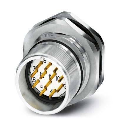 Ein Metallkreisverbinder mit sichtbaren nummerierten Pins im Inneren, der für industrielle oder elektronische Anwendungen verwendet wird.