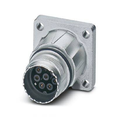 Metallischer kreisförmiger Elektrostecker mit quadratischem Flansch und vier Befestigungslöchern, frontal auf weißem Hintergrund dargestellt.