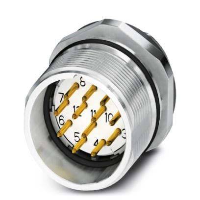 Ein kreisförmiger industrieller Steckverbinder mit mehreren Goldpins, die in einem Metallgehäuse eingebettet sind. Der Steckverbinder wird für elektrische Verbindungen verwendet.