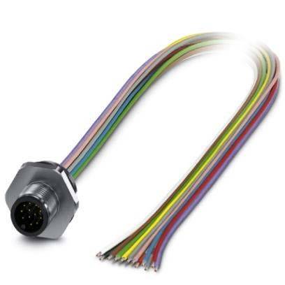 Ein mehrfarbiges Kabelbaum mit einem silbernen Stecker, der mehrere Stifte aufweist, der für elektronische Anwendungen geeignet ist, wird dargestellt.