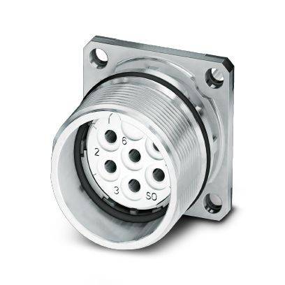 Runder industrieller Elektrostecker mit Gewinde-Metallgehäuse und quadratischer Flansche, dargestellt in Vorderansicht mit mehreren Stiftsockeln im Inneren.