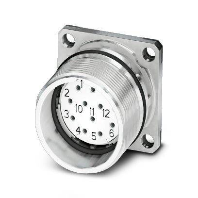 Metallischer kreisförmiger elektrischer Stecker mit nummerierten Stiftlöchern auf einer quadratischen Montageplatte, dargestellt vor weißem Hintergrund.