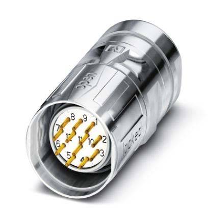 Ein metallischer Verbinder mit zehn nummerierten Pins, die in zwei Reihen innerhalb eines kreisförmigen Gehäuses angeordnet sind und für elektrische Verbindungen verwendet werden.